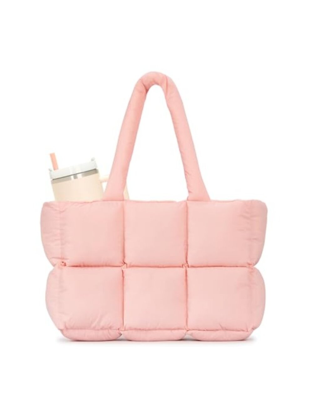 Quilted Puffer Tote Bag Nylon Satchel Laptop Cup Holder Large